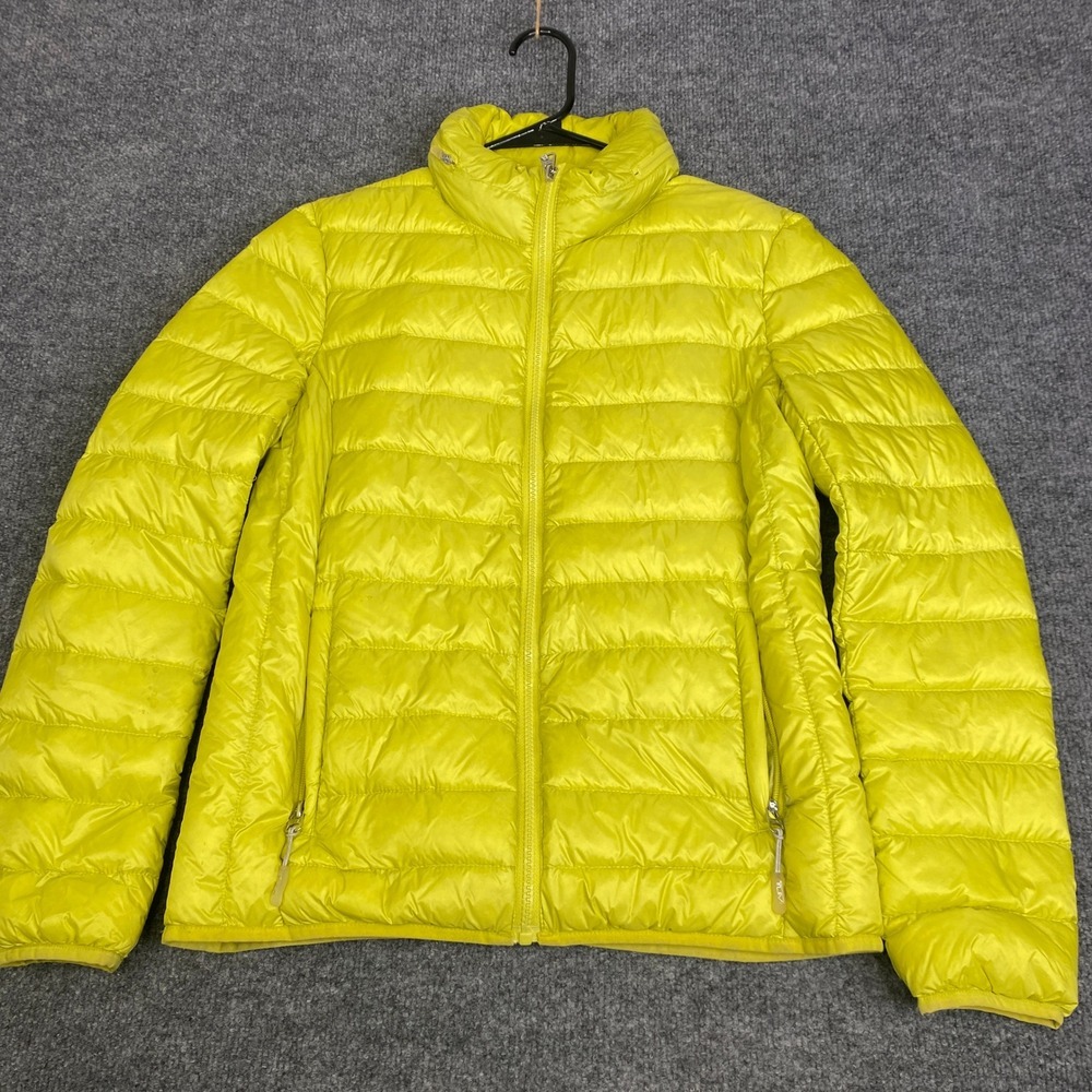 Tumi PAX Womens Packable Puffer Jacket Neon Yellow Lime Green Travel Pillow S